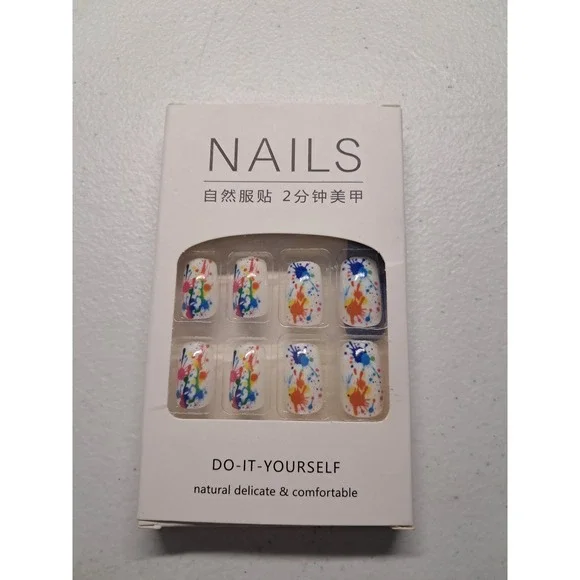 Multicolor Paint Splatter BUNDLE 2 For $25 White Square Artistic Manicure - Picture 1 of 3